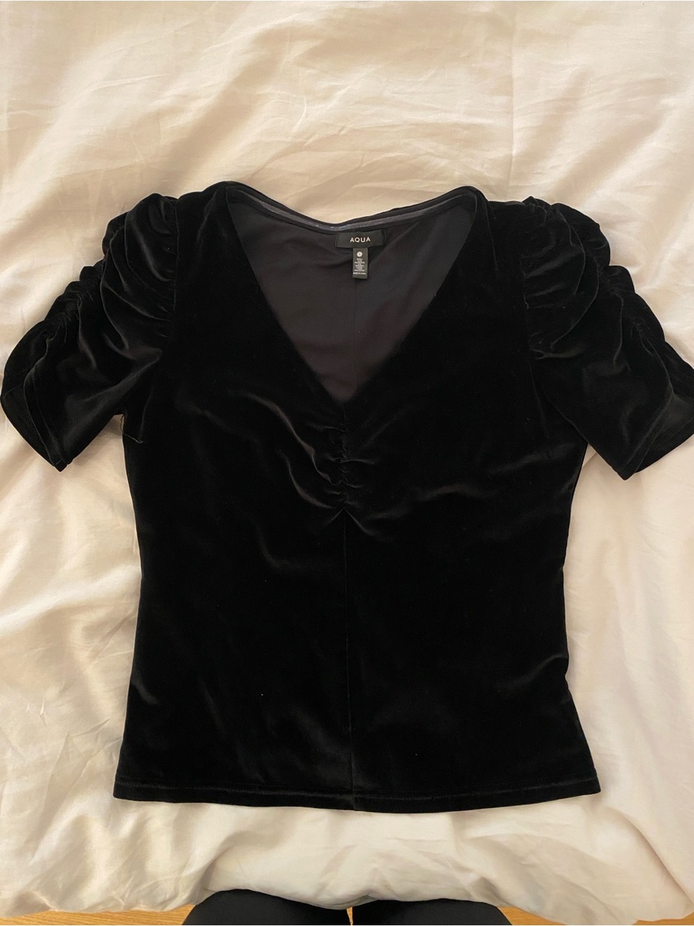 Aqua Black Velvet Puff-Sleeve V-Neck Top